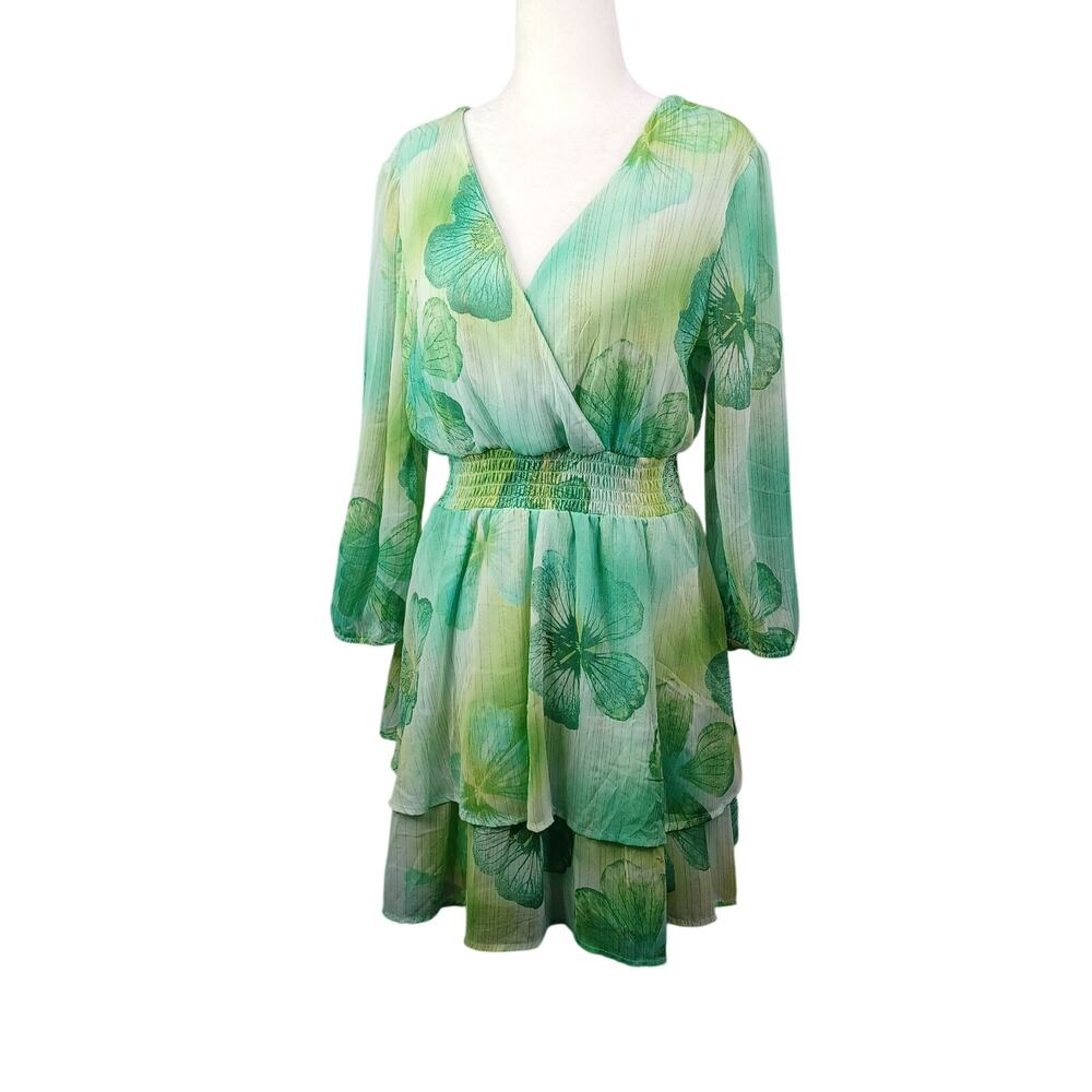 Mimi Chica Green Floral Fairy Smocked Tiered Ruffle Mini Dress Size M‎ Coquette